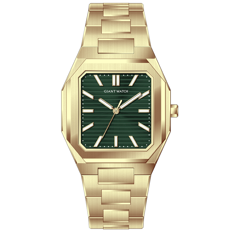 China Watch Factory Support Customized Gold Green Dial 36mm Stainless Steel Square Men's Watches GM-8222A