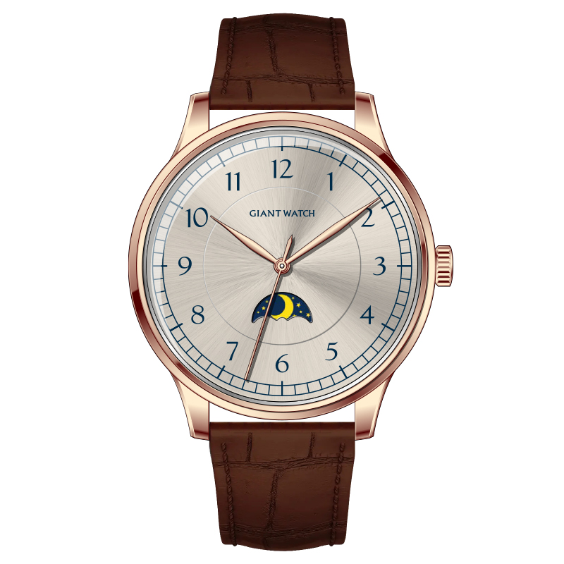 S15 Genuine Leather Strap Quartz Mens Watch Moon Phase Minimalist Design 5atm Water Resistance 38mm Case