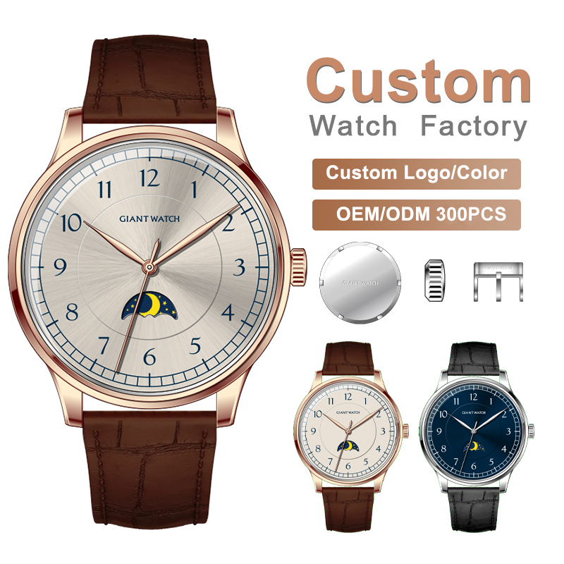 S15 Genuine Leather Strap Quartz Mens Watch Moon Phase Minimalist Design 5atm Water Resistance 38mm Case