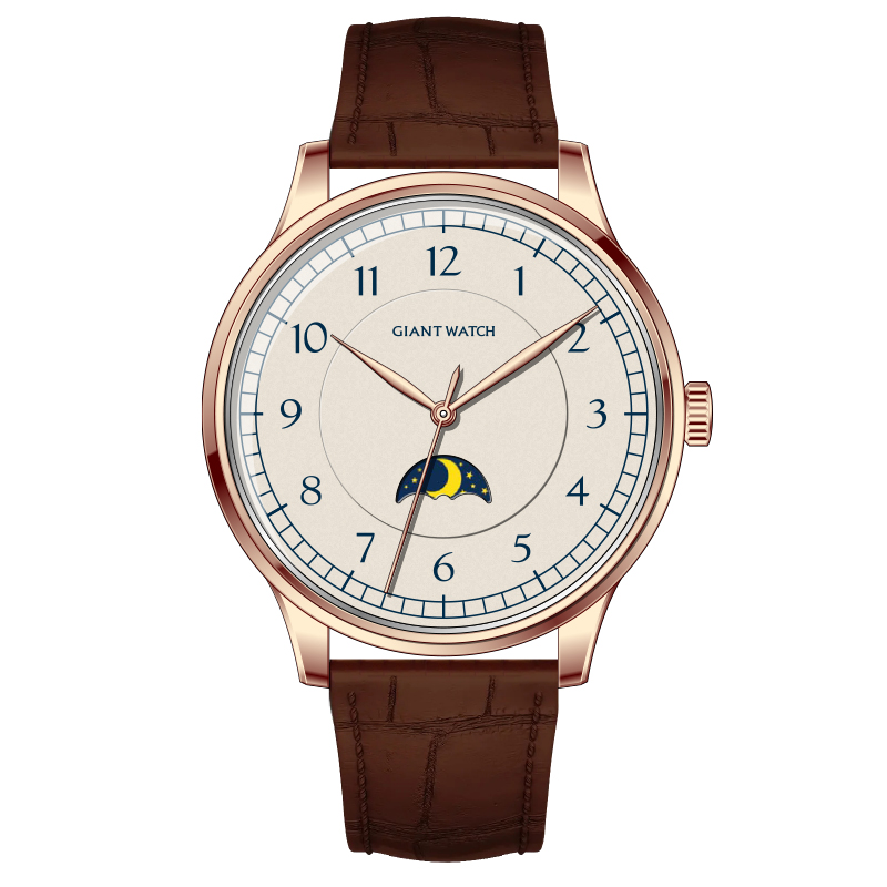 S15 Quartz mens watch with moon phase minimalist style 5ATM waterproof 38mm case and genuine leather strap