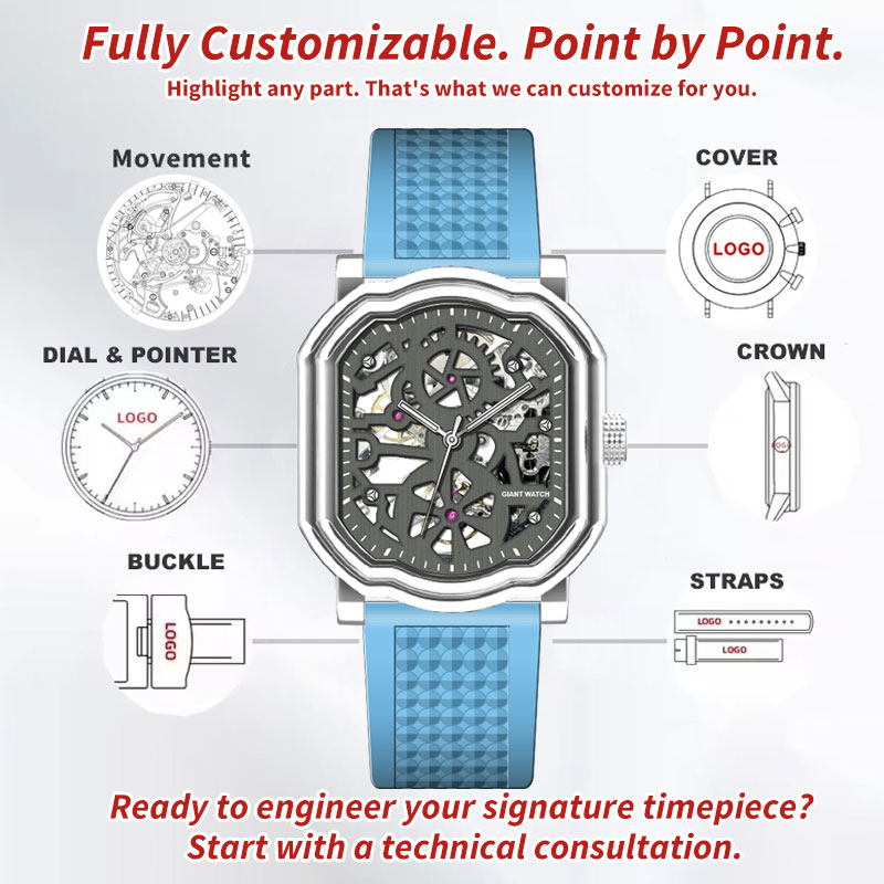 New Design Custom Classic Business Skeleton Mechanical Watch With Logo Water-Resistant 46MM Square Automatic Watch