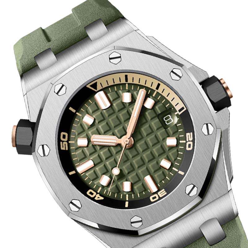 GM-1135 Sport Style Stainless Steel Case Top Quality Watch For Man Green Dial Unique Crown Rubber Band Mans Watch